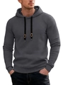 Detail of grey waffle knit texture on men's hoodie with black adjustable drawstring - Gray