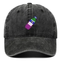 Close-up of vintage washed black cotton baseball cap with colorful bottle embroidery - Black