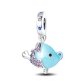 Detailed view of silver fish charm with vibrant blue, pink and purple cubic zirconia - Luminous Kissing Fish