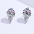 Close-up of ice cream cone stud earrings with colorful crystal stones and silver texture - Silver Colorful Stone Ice Cream Style (VE1579)
