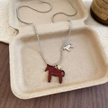 Swedish Dala horse pendant necklace with dark red enamel and silver bead chain - 7# Necklace Silver Red Dala Horse