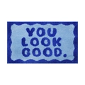 Blue rectangular jacquard bath mat with 'YOU LOOK GOOD' text and wavy border - YOULOOKGOOD-Blue