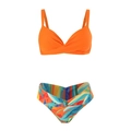Orange bikini set with high-waist tropical floral bottoms and a cross-front knot top - S / Orange Leaf Print Triangle Bikini Set