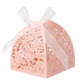 Pink laser-cut wedding favor box with floral pattern and elegant white silk ribbon bow - Pink