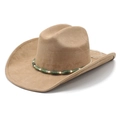 Classic camel faux suede western cowboy hat with decorative beaded band on white background - M (56-57cm) / Camel