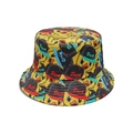 Detailed view of yellow bucket hat with all-over cartoon duck print and Duck text - M(56-58cm) / Yellow Duck with Hat Print (B)