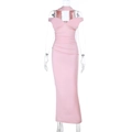 Pink off-shoulder mermaid dress with pleated bodice and flattering slim fit silhouette - S / Pink