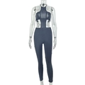 Vista frontale della tuta aderente blu-grigio con design cut-out su manichino trasparente - S / Nero