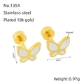 18k gold plated stainless steel butterfly stud earrings with white enamel finish - White