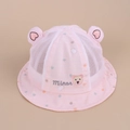 Detail of a pink breathable mesh baby bucket hat featuring cute bear ears and embroidery. - 44cm / Pink