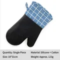Blue checkered cotton and silicone oven mitt with non-slip honeycomb texture 18x31cm - Single Glove / Full Silicone Palm Blue Grid