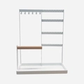 Minimalist white metal jewelry stand with wooden bars and a bottom storage tray - Model LX11-1 / White