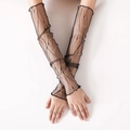 Long black mesh arm sleeves with tree branch pattern and ruffled edges for sun protection - Striped