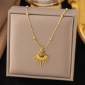 Golden titanium steel necklace with tiger eye stone sunburst pendant on a jewelry display - Fan Shaped Tiger Eye Style (H358)
