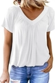 Detail of V-neckline with pleated ruching on a white short-sleeve casual women's top - S / White