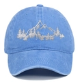 Detailed close-up of mountain forest embroidery on light blue washed cotton baseball cap - One Size(Adjustable) / Light Blue