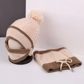 Winter plush knit hat and neck warmer set in beige and brown contrast with pompom - No.18-Beige & Brown Drawstring Knit Set