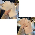 Winter plush thermal gloves for women with cute bear embroidery and touchscreen fingers - White And Khaki