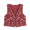 Ethnic red embroidered vest with mirror details and white floral patterns on white background - XS / Tops