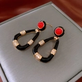 Vintage style drop earrings with red studs, black hoops, and sparkling gold accents - Black Real Gold Plated Horseshoe Style (37#)