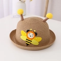 Cute children's straw sun hat in light brown with yellow bee accents and plush antennas - Hat Only / Brown
