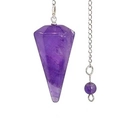 Hexagonal amethyst crystal pendulum pendant with a silver chain and purple bead - Amethyst