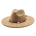 Classic camel faux suede wide brim fedora hat with ethnic woven stone decorative band - M (56-59cm) / Camel