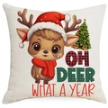 Housse de coussin de Noël en lin avec motif renne et texte OH DEER WHAT A YEAR sur fond blanc - Oh Cerf Quelle Année