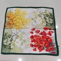 Square silk scarf with floral patterns in yellow and red with dark green borders - Floral Handkerchief / 65