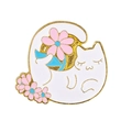 Enamel pin featuring a white cartoon sleeping cat with pink and blue flowers in gold - Side Sleeping White Cat Style (CC1029)