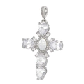 Detail of cross pendant featuring white oval center stone and marquise cubic zirconia - Style 27/Silver White MOP Clear Stone Pendant