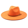 Detailed view of orange wool fedora featuring a brown leather band and metal rivets - M (56-58cm) / Orange