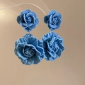 Close-up of blue denim fabric rose earrings showing detailed texture and floral design - Denim/S925 Silver Pin / Double Layer Rose (Silver Pin) / Blue