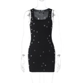 Close-up of sparkling teardrop rhinestones on a black sleeveless bodycon dress - S / Black