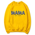 Yellow Mama Est 2025 hoodie with floral pattern lettering in a standard flat lay view - Yellow