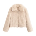 Short faux fur coat for women with lapel collar and zipper closure in champagne color - L / Apricot