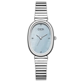 Elegant oval silver stainless steel watch for women featuring a light blue textured dial - Silver Case Light Blue Dial Silver Band