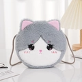 Cute gray and white plush cartoon cat crossbody bag with soft faux fur and pink ears - Gray