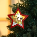 Red star-shaped wooden Christmas ornament with warm LED lights and reindeer forest scene - Red Star