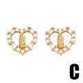 Golden heart-shaped stud earrings with Virgin Mary relief and white zircon stones - Style C Heart Virgin Mary White Zircon
