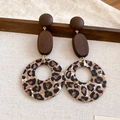 Detail of vintage leopard print resin earrings with round wood studs and acrylic elements - Leopard Print Hollow Round Style (Style 2)