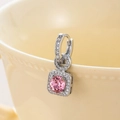 Elegant silver earrings with square pink gemstone and sparkling zircon micro-pave - Light Pink