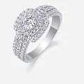 Elegant S925 sterling silver moissanite ring with a halo setting and pavé diamond band - R13431 Three Stone Halo Style