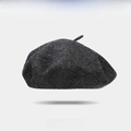 Dark grey wool beret for women featuring a delicate red heart embroidery detail - Deep Heather Grey