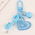 Blue acrylic heart keychain with shiny sequins, bell pendant, and link chain ornament - Blue Style (Q875-3)
