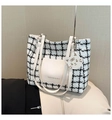 Borsa tote classica a motivo pied de poule con tasca in pelle e ciondolo tigre - Bianco