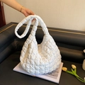 Quilted white cloud shoulder bag with pleated texture and soft puffer design - White Without Charm