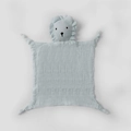 Blue muslin cotton baby security blanket featuring a soft 3D lion head and knotted corners - Grey Lion