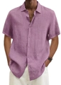 Camisa informal de manga corta para hombre en lino y algodón de color morado ceniza - 3XL / Tops / Rosa