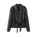 Giacca classica in finta pelle nera con cintura e bottoni a doppio petto - XS / Nero